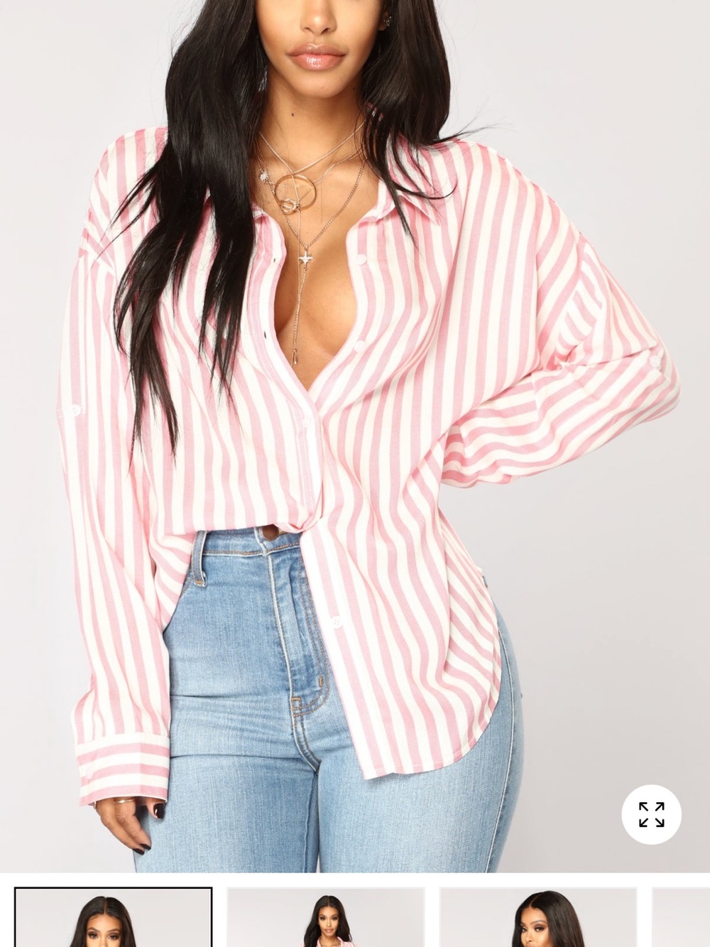 Fashion Nova Pink & White Striped Button-Down Shirt